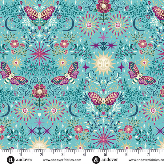 Luna by Makower UK PRE-ORDER SHIPS OCTOBER - Teal Night Garden (Half Yard Cut) with Andover Fabrics